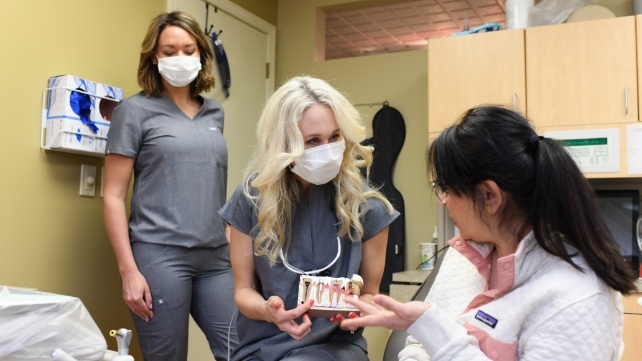 Dentist showing a dental implant model to a patient