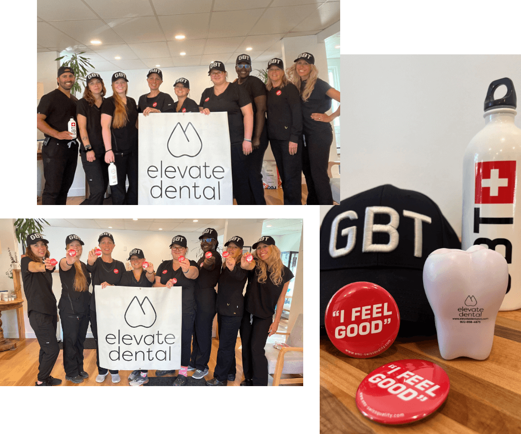 Collage of Elevate Dental team members with hats that say G B T