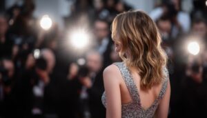 Famous woman standing in front of photographers